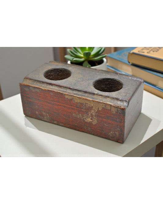 Antique Wooden Ink Pot Pen Stand Original Old Hand Carved