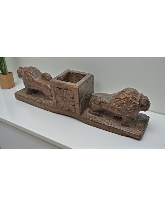 Antique Wooden 2 Lions Decoratibe Bowl Original Old Hand Carved