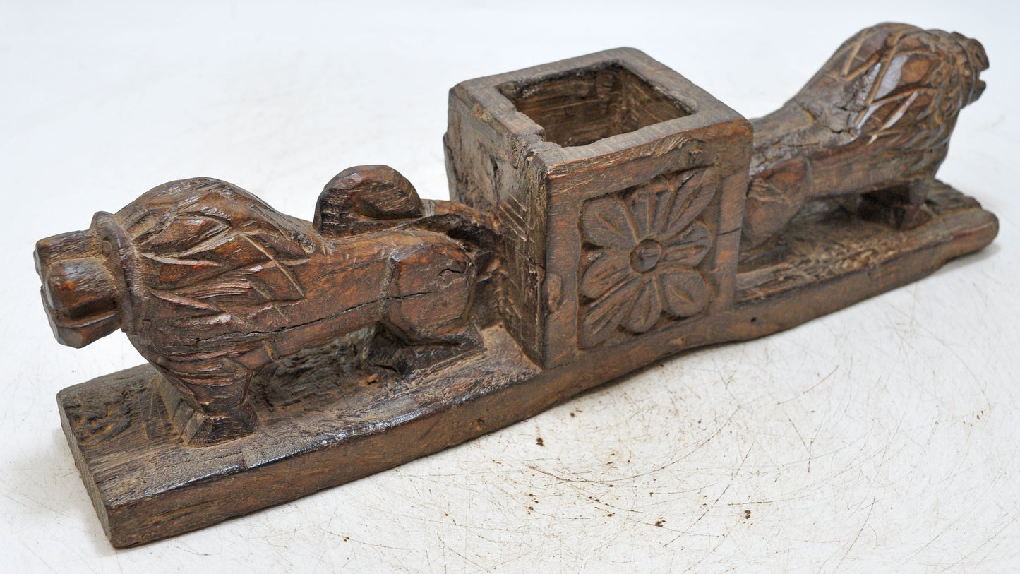 Antique Wooden 2 Lions Decoratibe Bowl Original Old Hand Carved