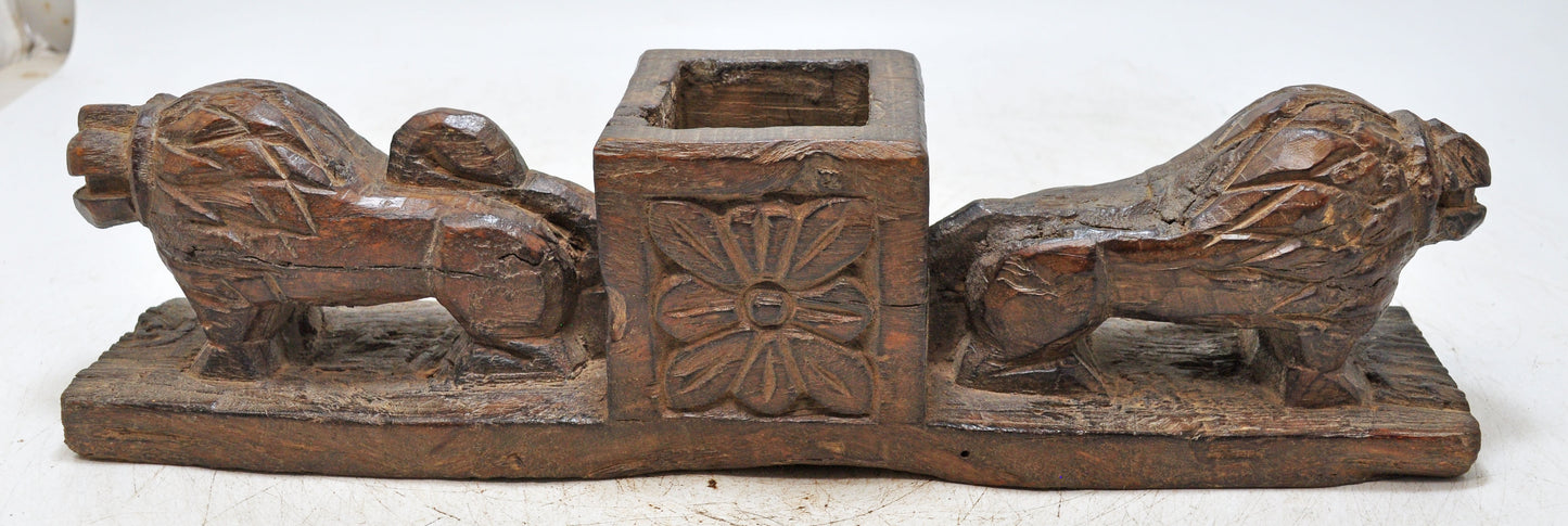 Antique Wooden 2 Lions Decoratibe Bowl Original Old Hand Carved