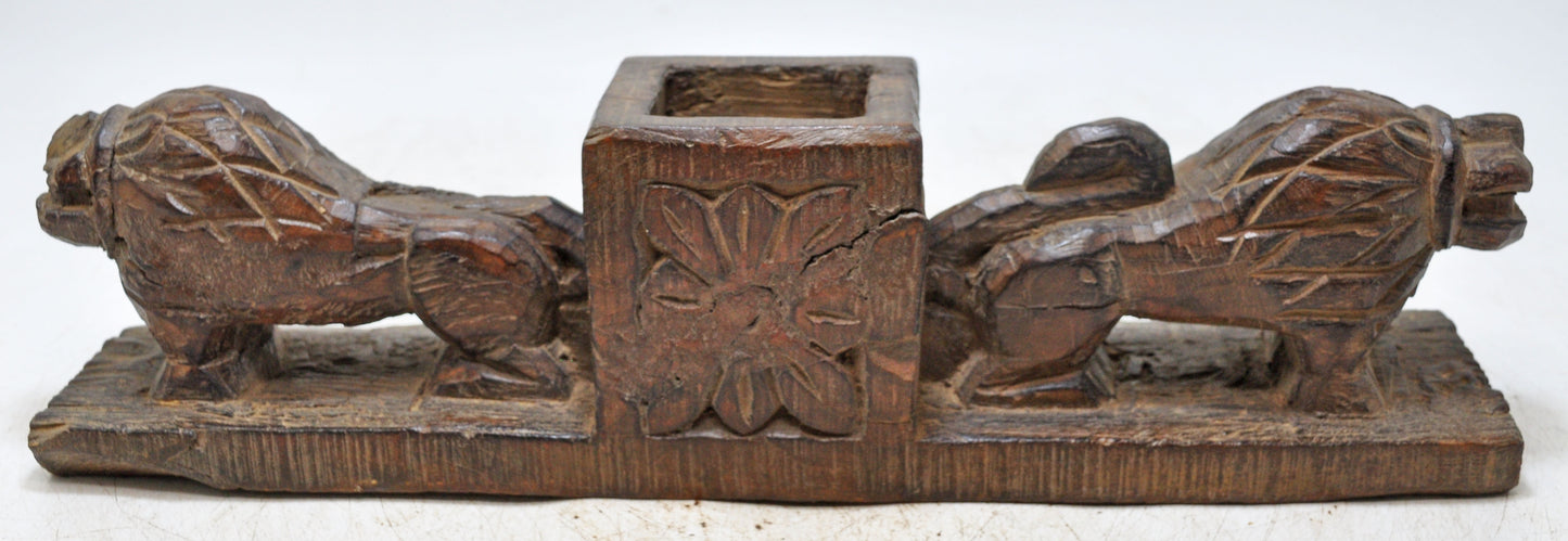 Antique Wooden 2 Lions Decoratibe Bowl Original Old Hand Carved