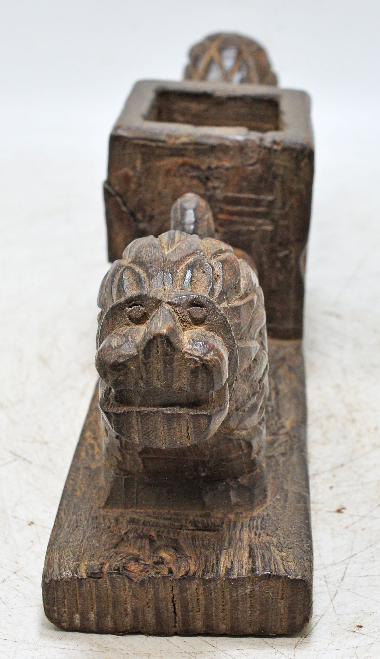 Antique Wooden 2 Lions Decoratibe Bowl Original Old Hand Carved
