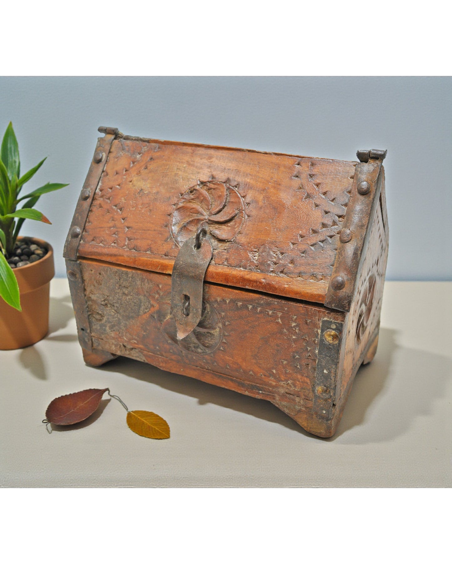 Vintage Wooden Hut Shaped Storage Box Original Old Hand Crafted Carved