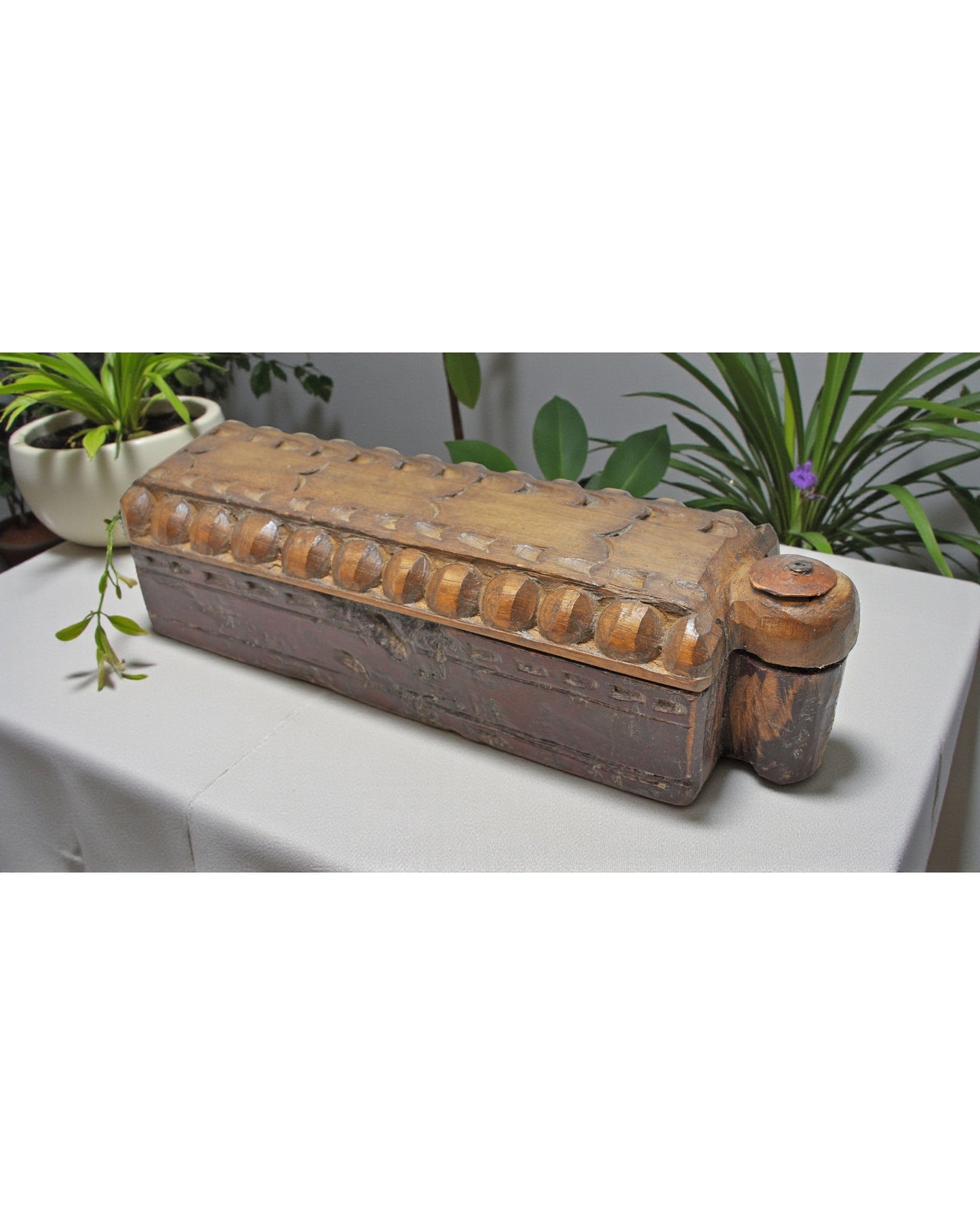 Antique Wooden Kitchenware Spice Box Original Old Hand Carved