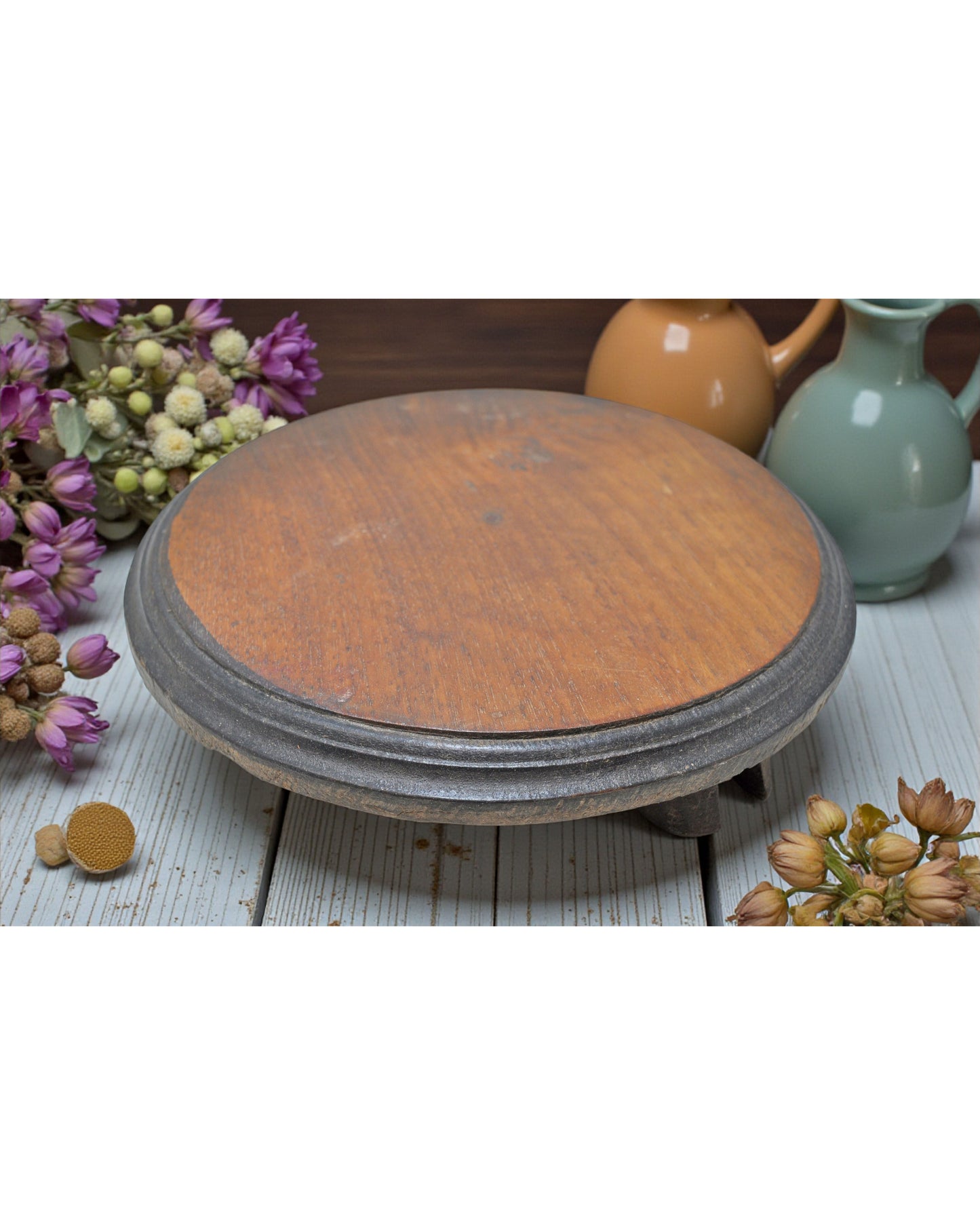 Antique Wooden Round Kitchenware Chapati Bread Rolling Plate Original Old Hand Carved