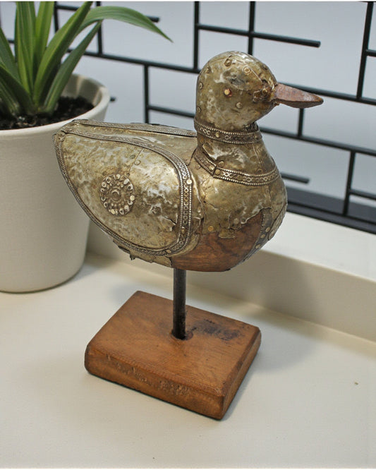 Vintage Wooden Duck Bird Figurine Original Old Hand Carved Metal Fitted