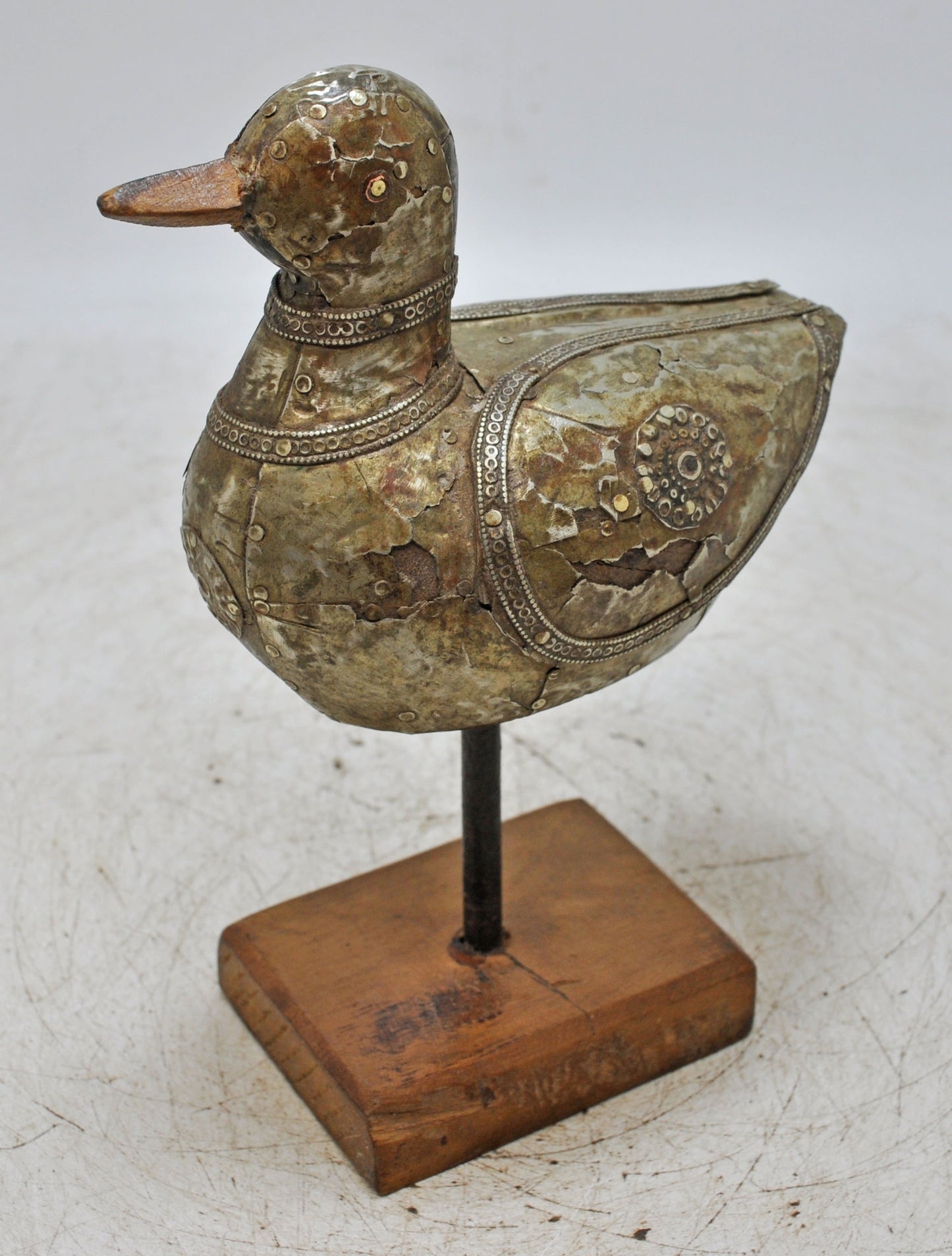 Vintage Wooden Duck Bird Figurine Original Old Hand Carved Metal Fitted