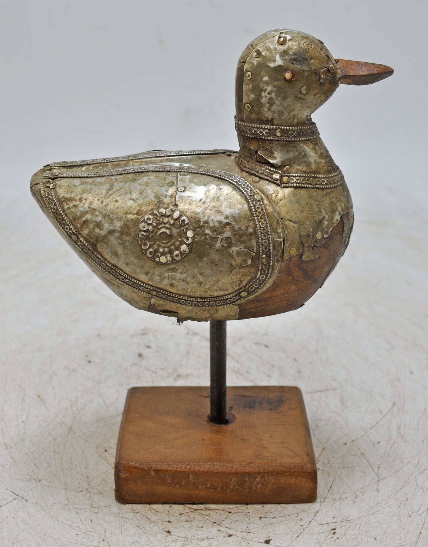 Vintage Wooden Duck Bird Figurine Original Old Hand Carved Metal Fitted