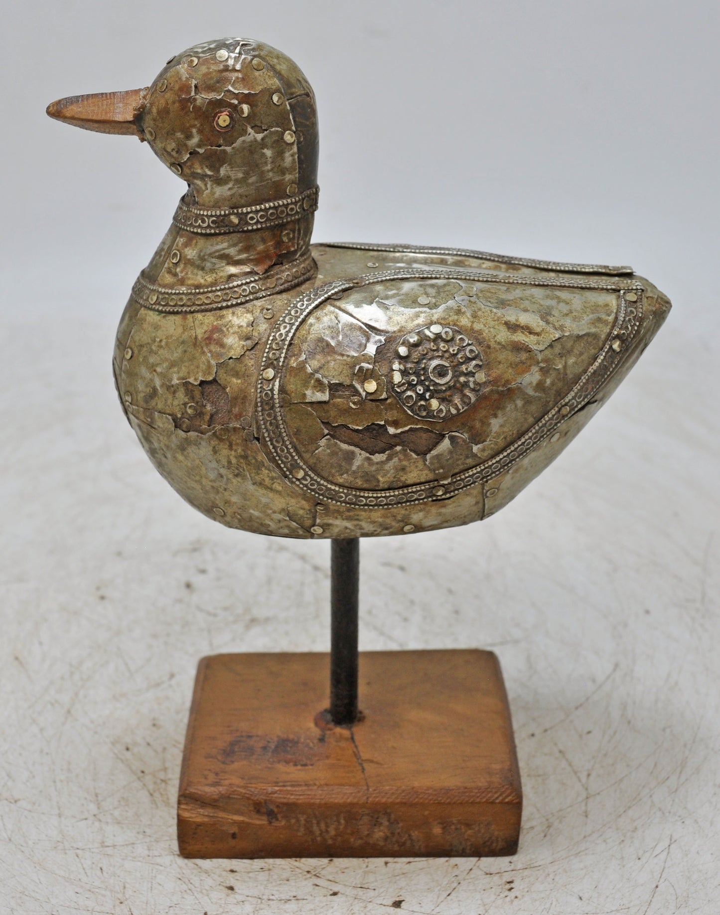 Vintage Wooden Duck Bird Figurine Original Old Hand Carved Metal Fitted