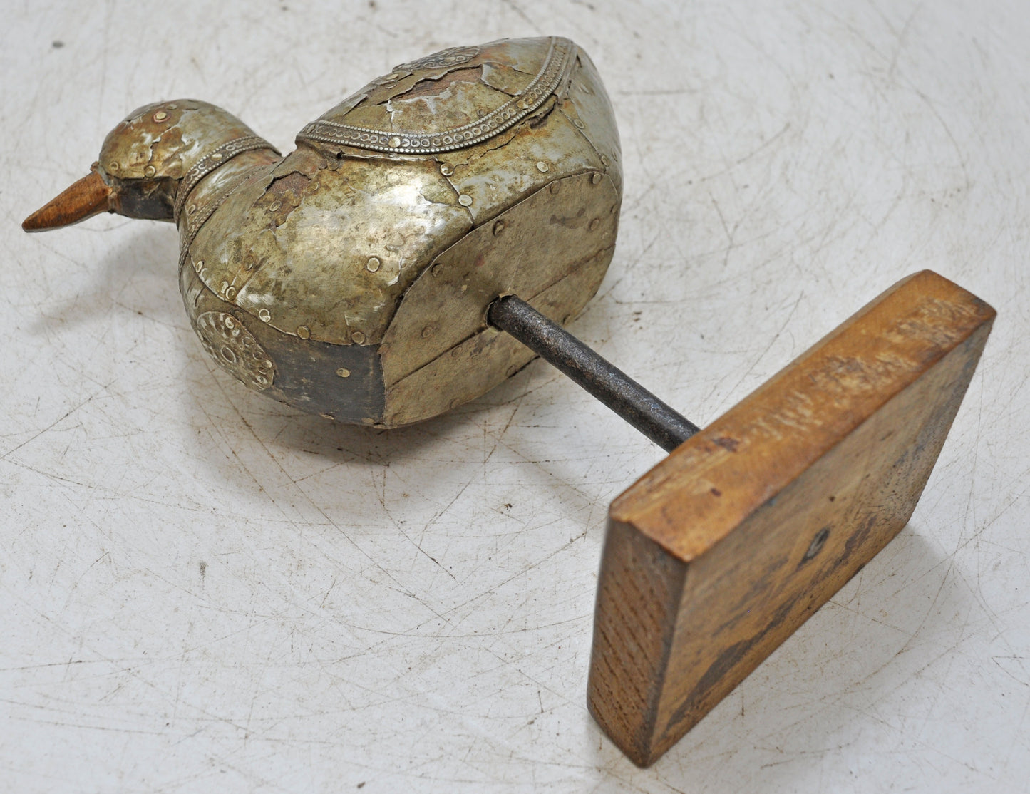 Vintage Wooden Duck Bird Figurine Original Old Hand Carved Metal Fitted