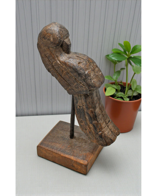 Vintage Wooden Parrot Bird Figurine Original Old Hand Carved Metal Fitted