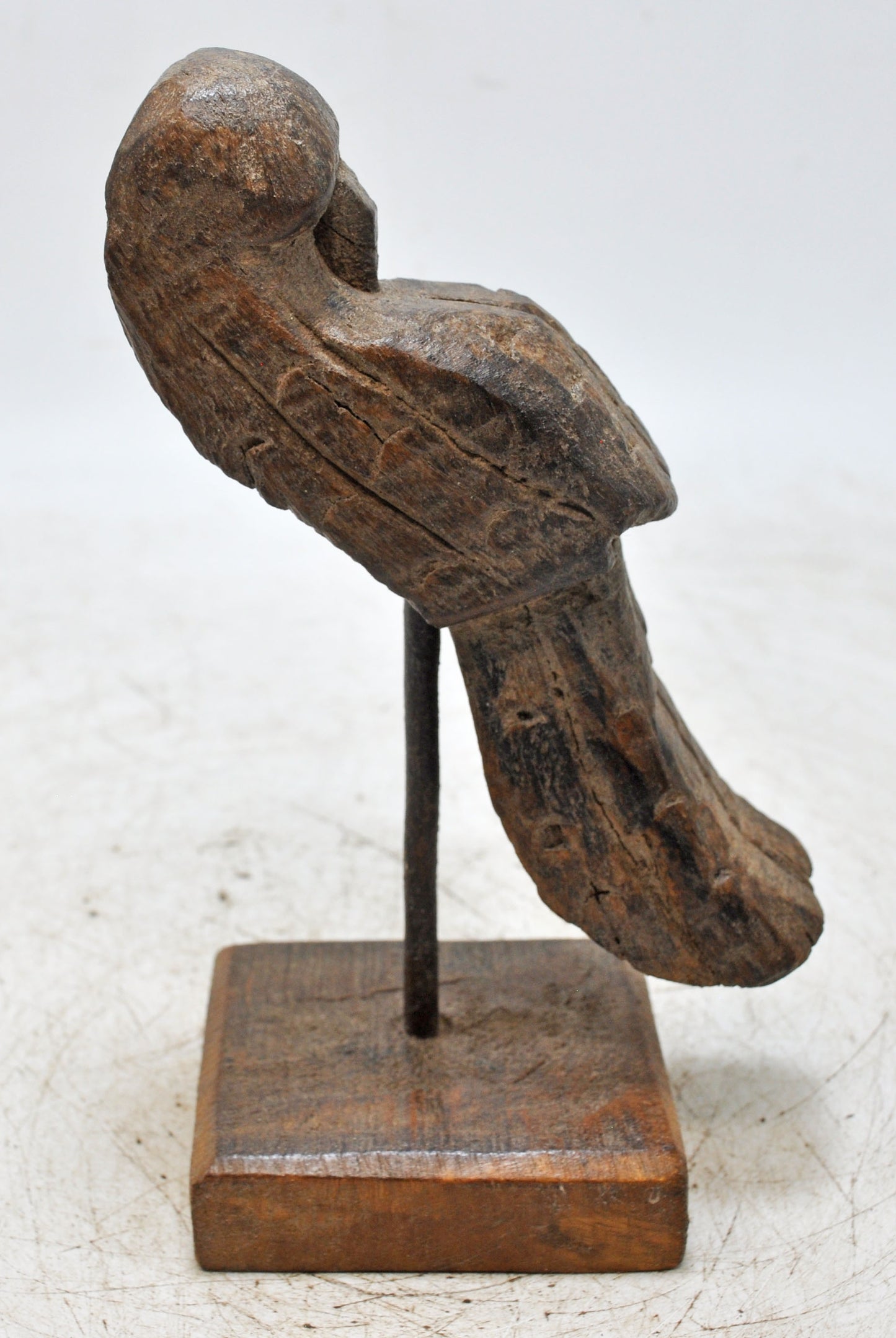 Vintage Wooden Parrot Bird Figurine Original Old Hand Carved Metal Fitted
