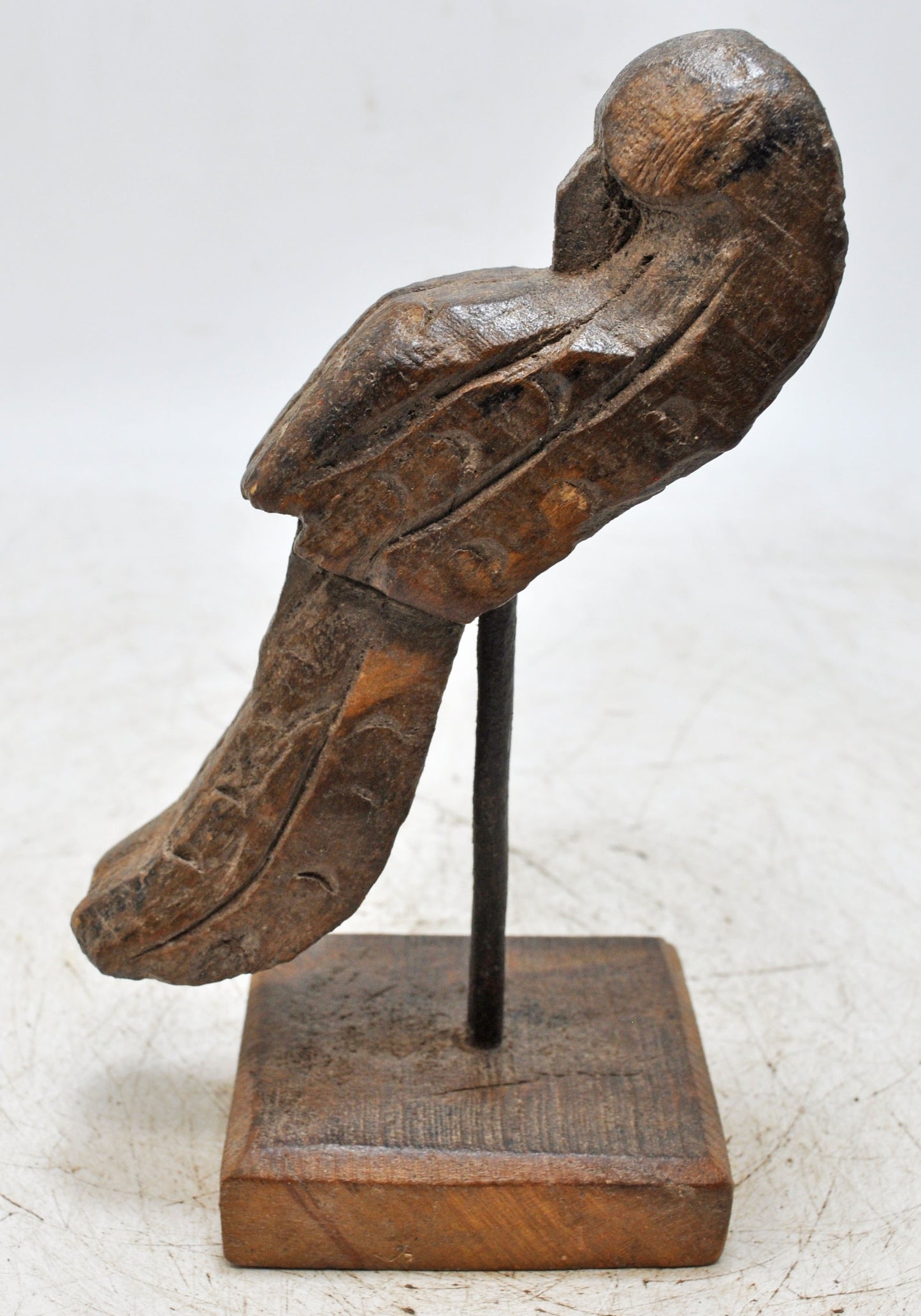 Vintage Wooden Parrot Bird Figurine Original Old Hand Carved Metal Fitted