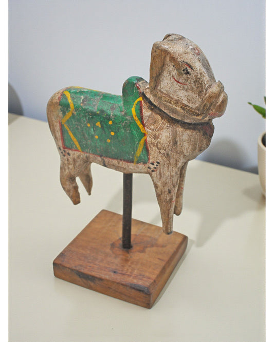 Antique Wooden Holy Cow Nandi Figurine Original Old Hand Carved Painted