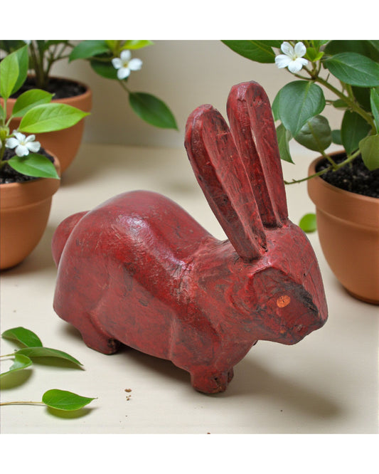 Vintage Wooden Rabbit Figurine Original Old Hand Carved Painted