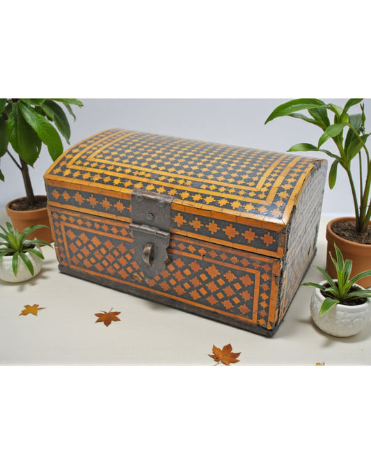 Antique Wooden Bon Overlay Storage Chest Box Original Old Hand Crafted