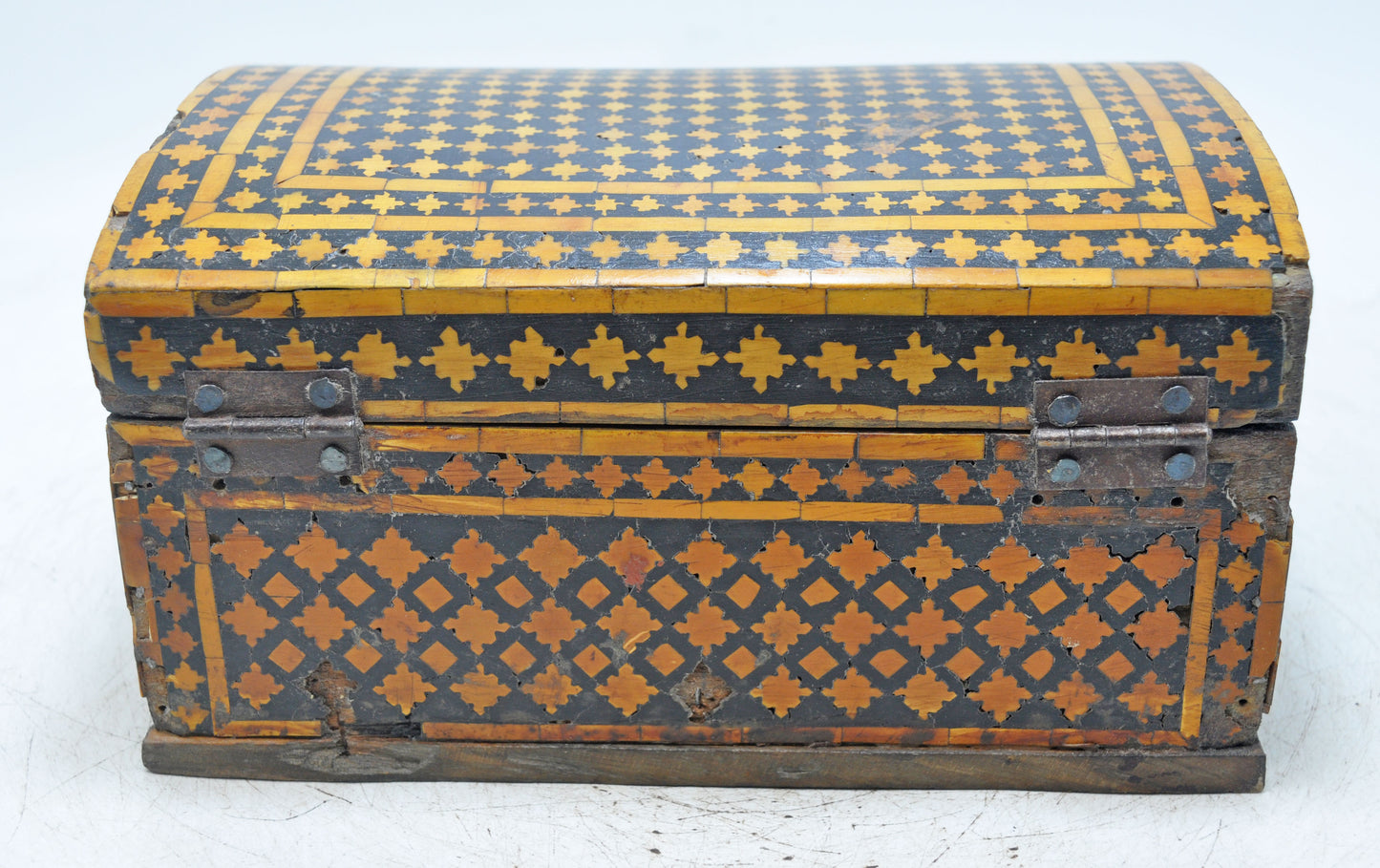 Antique Wooden Bon Overlay Storage Chest Box Original Old Hand Crafted