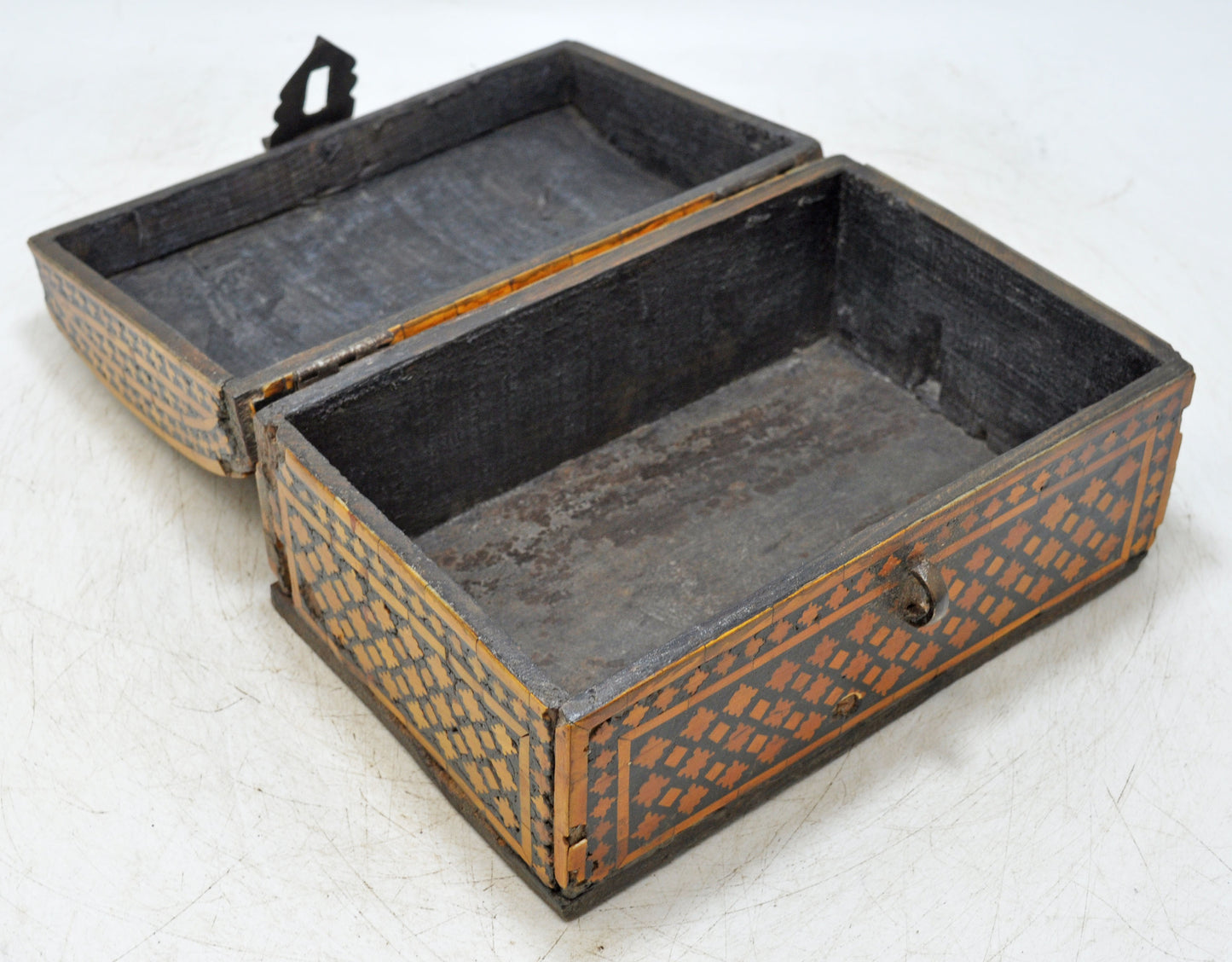 Antique Wooden Bon Overlay Storage Chest Box Original Old Hand Crafted