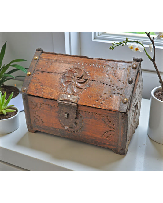 Vintage Wooden Hut Shaped Storage Box Original Old Hand Crafted Carved