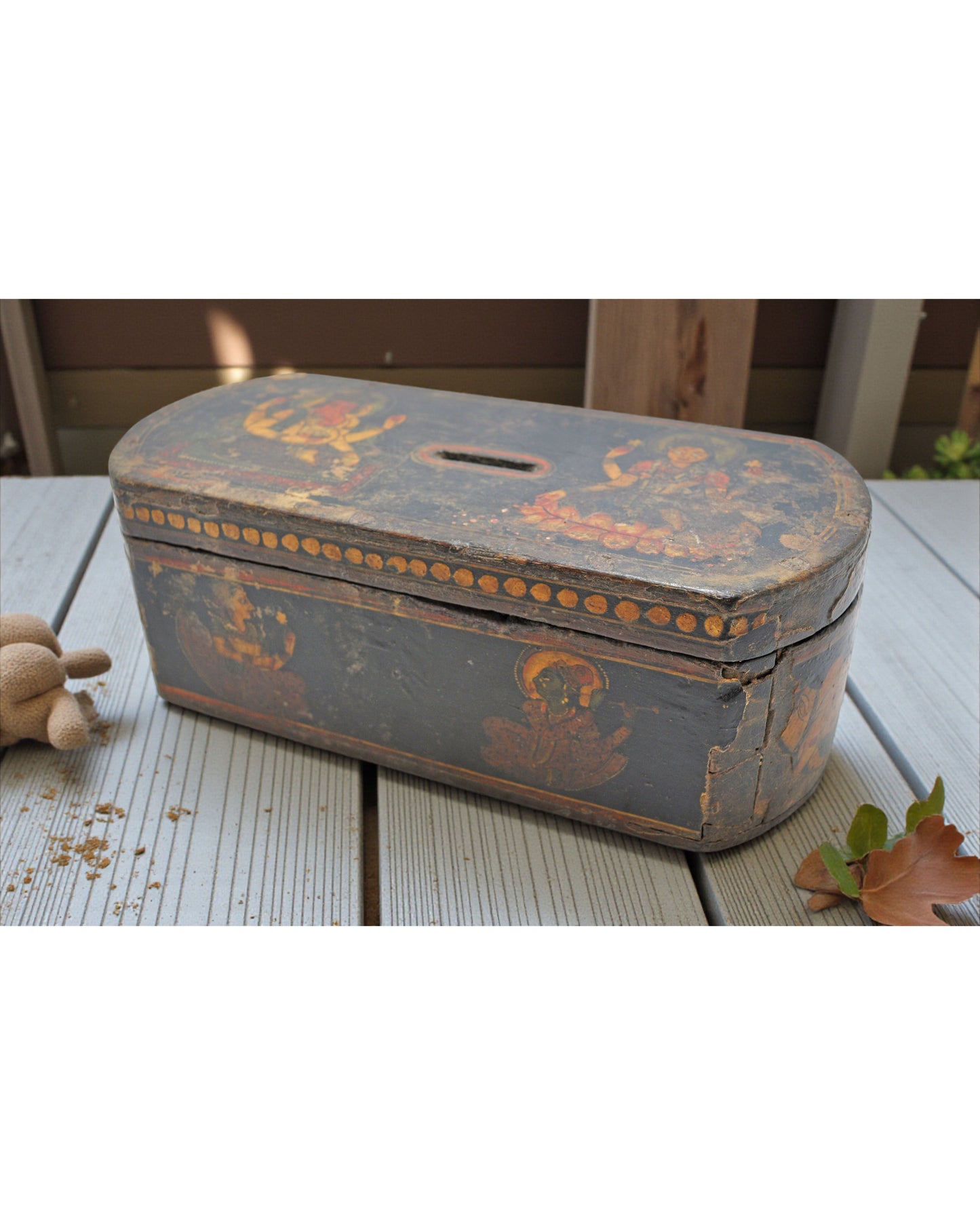 Antique Wooden Coin Money Box Original Old Hand Crafted Very Fine Painted
