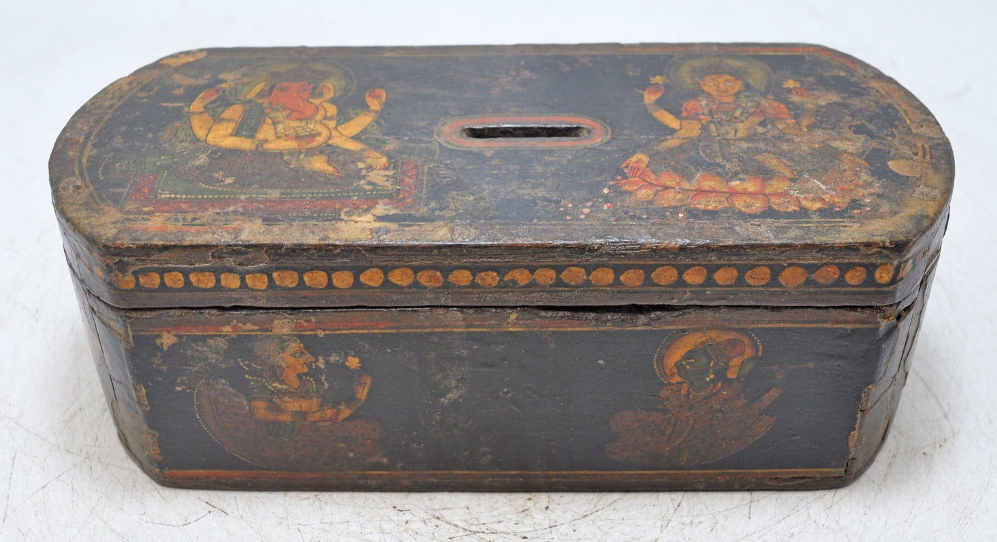 Antique Wooden Coin Money Box Original Old Hand Crafted Very Fine Painted