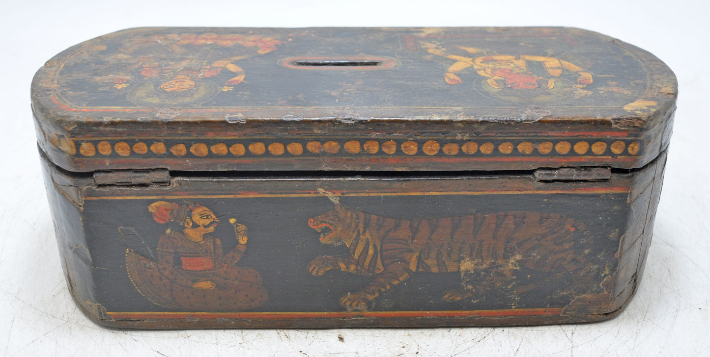Antique Wooden Coin Money Box Original Old Hand Crafted Very Fine Painted