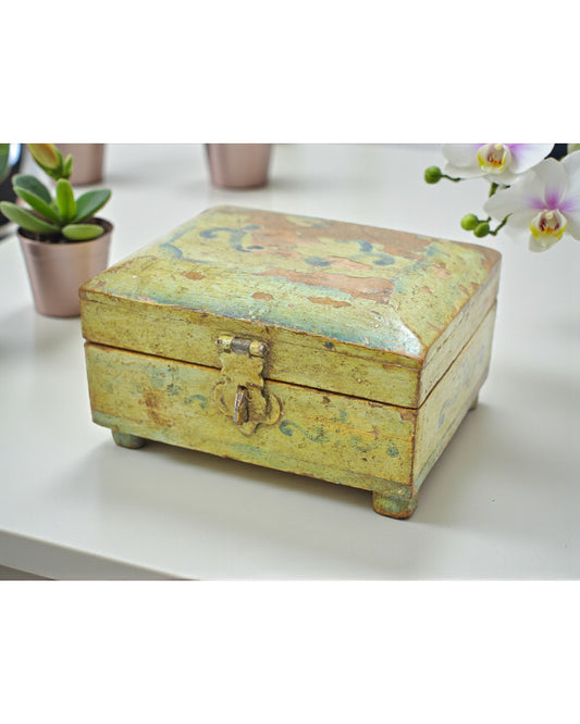 Vintage Wooden Small Storage Box Original Old Hand Crafted Hand Painted