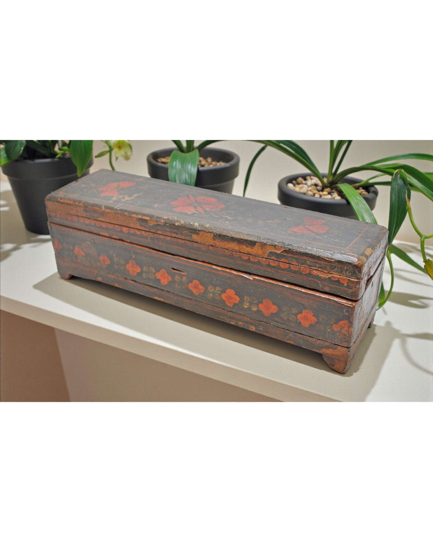 Antique Wooden Pencil Stationary Box Original Old Hand Crafted Fine Painted
