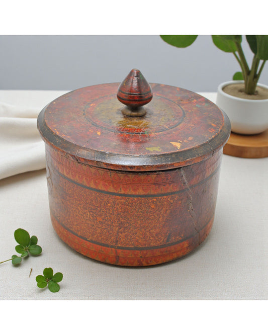 Antique Wooden Round Lacquer Painted Box Original Old Hand Crafted