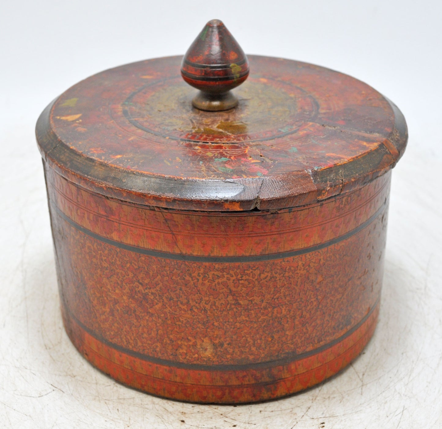 Antique Wooden Round Lacquer Painted Box Original Old Hand Crafted