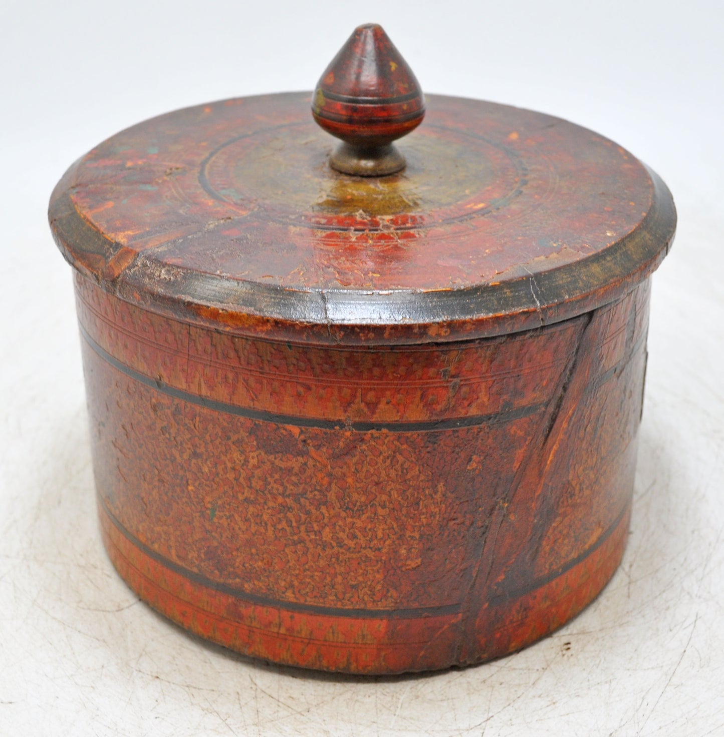 Antique Wooden Round Lacquer Painted Box Original Old Hand Crafted