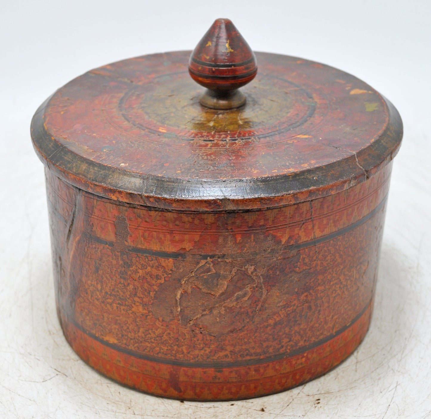 Antique Wooden Round Lacquer Painted Box Original Old Hand Crafted