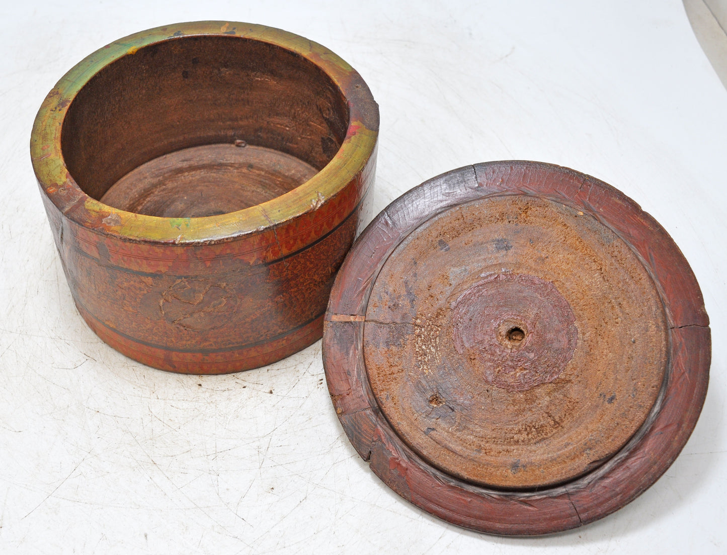 Antique Wooden Round Lacquer Painted Box Original Old Hand Crafted