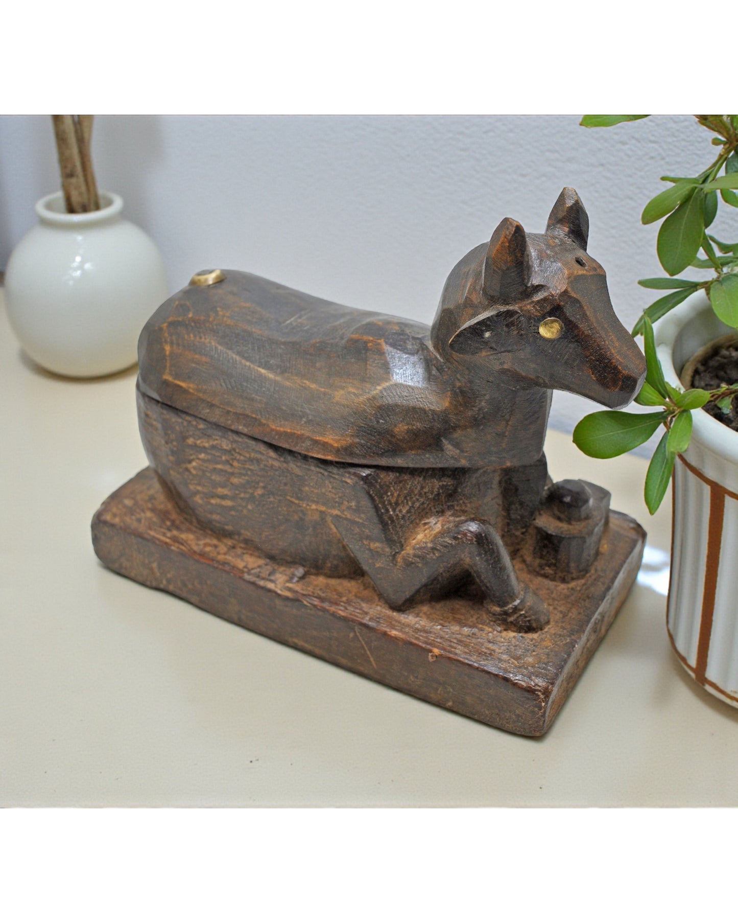 Antique Wooden Cow Shaped Spice Box Original Old Fine Hand Carved