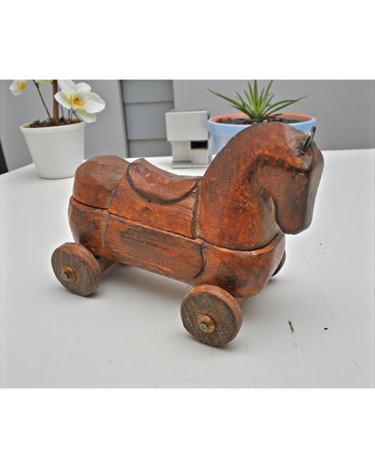 Vintage Wooden Horse on Wheels Figurine Spice Box Original Old Hand Carved