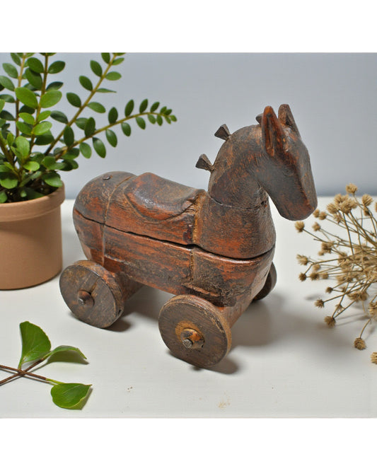 Vintage Wooden Horse on Wheels Figurine Spice Box Original Old Hand Carved