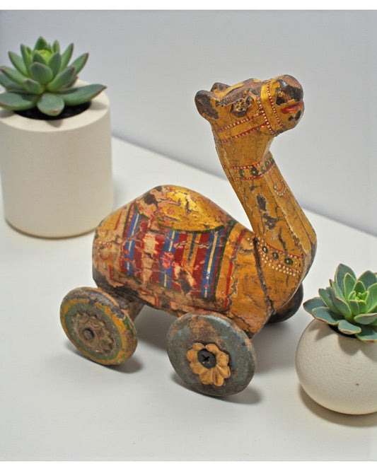 Vintage Wooden Small Camel on Wheels Figurine Original Old Hand Carved Painted