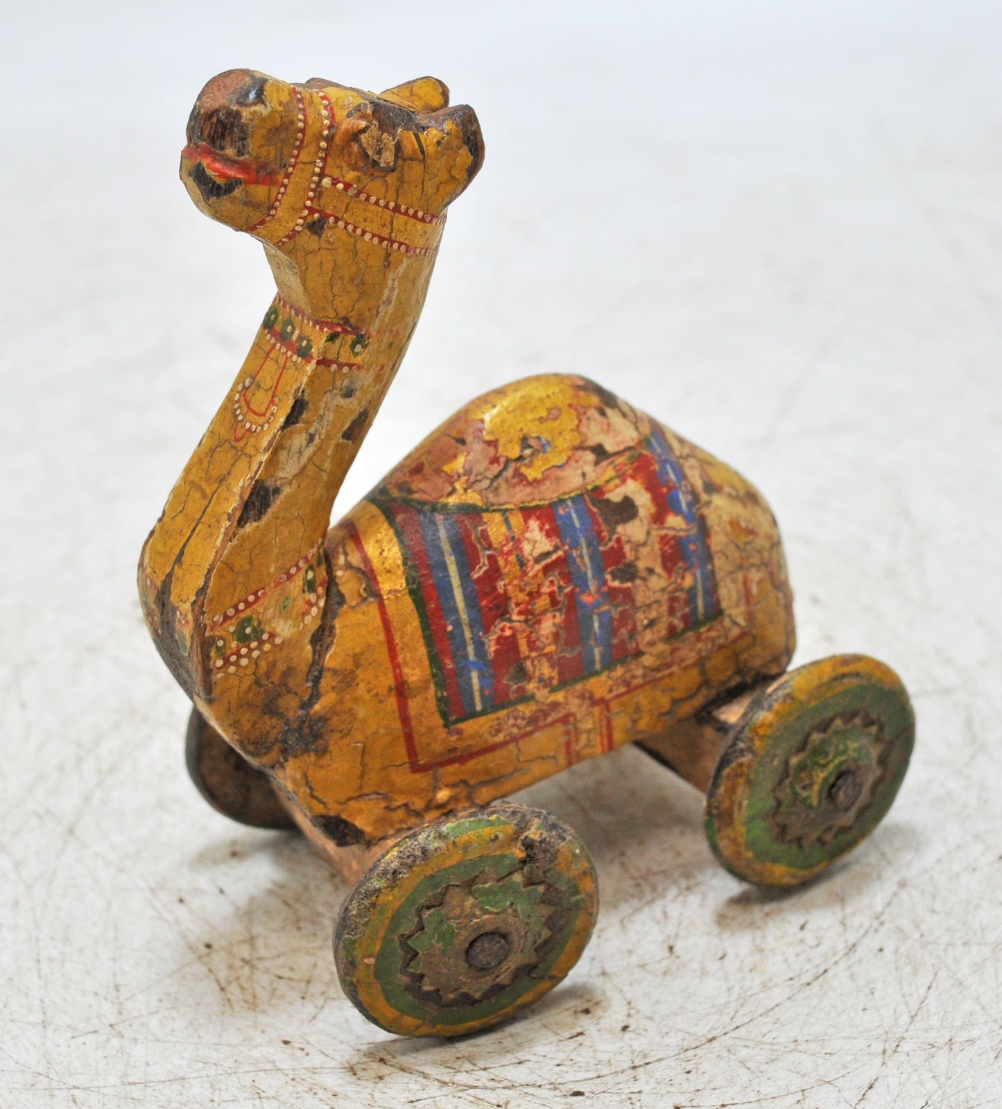 Vintage Wooden Small Camel on Wheels Figurine Original Old Hand Carved Painted