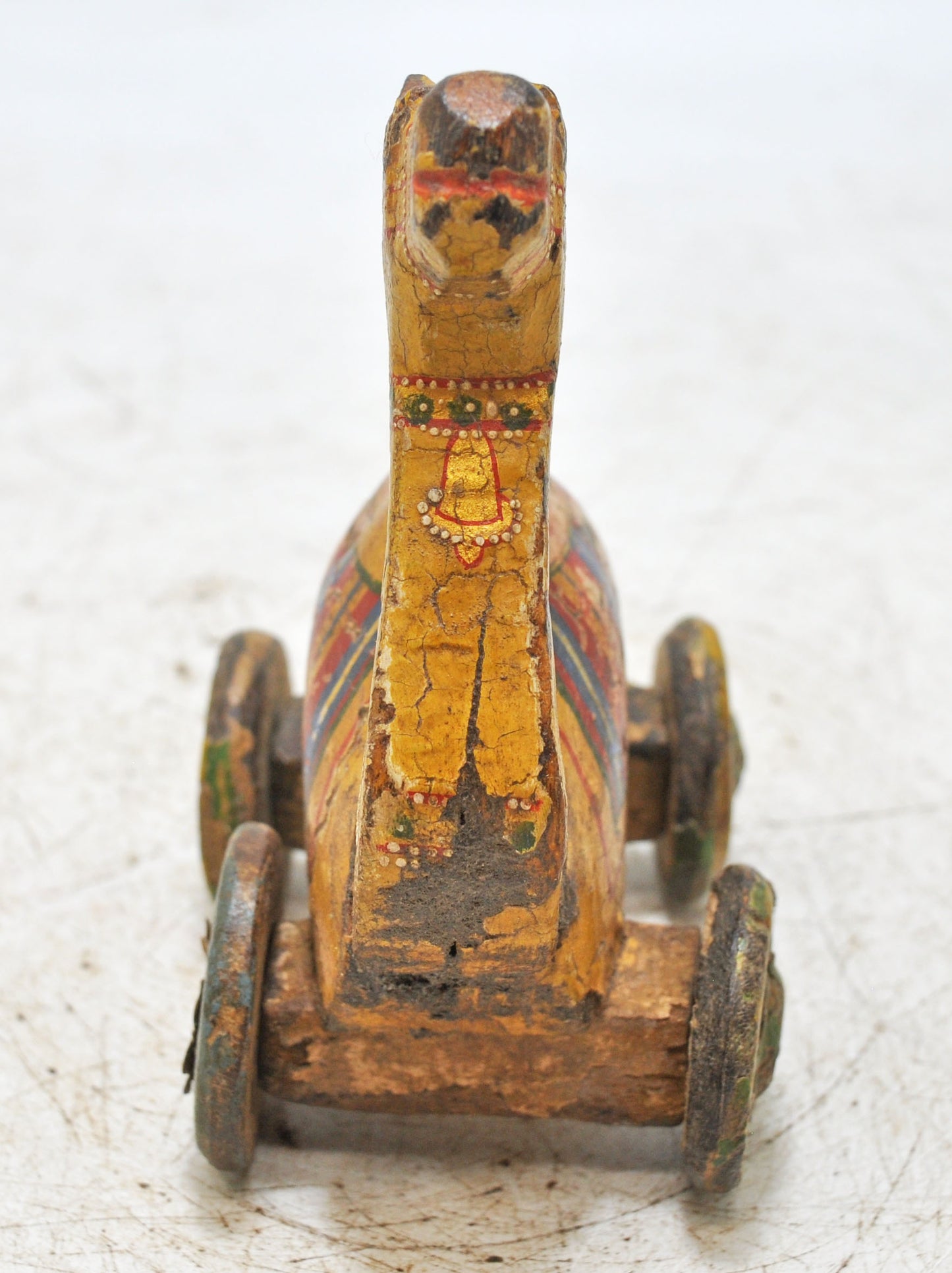 Vintage Wooden Small Camel on Wheels Figurine Original Old Hand Carved Painted