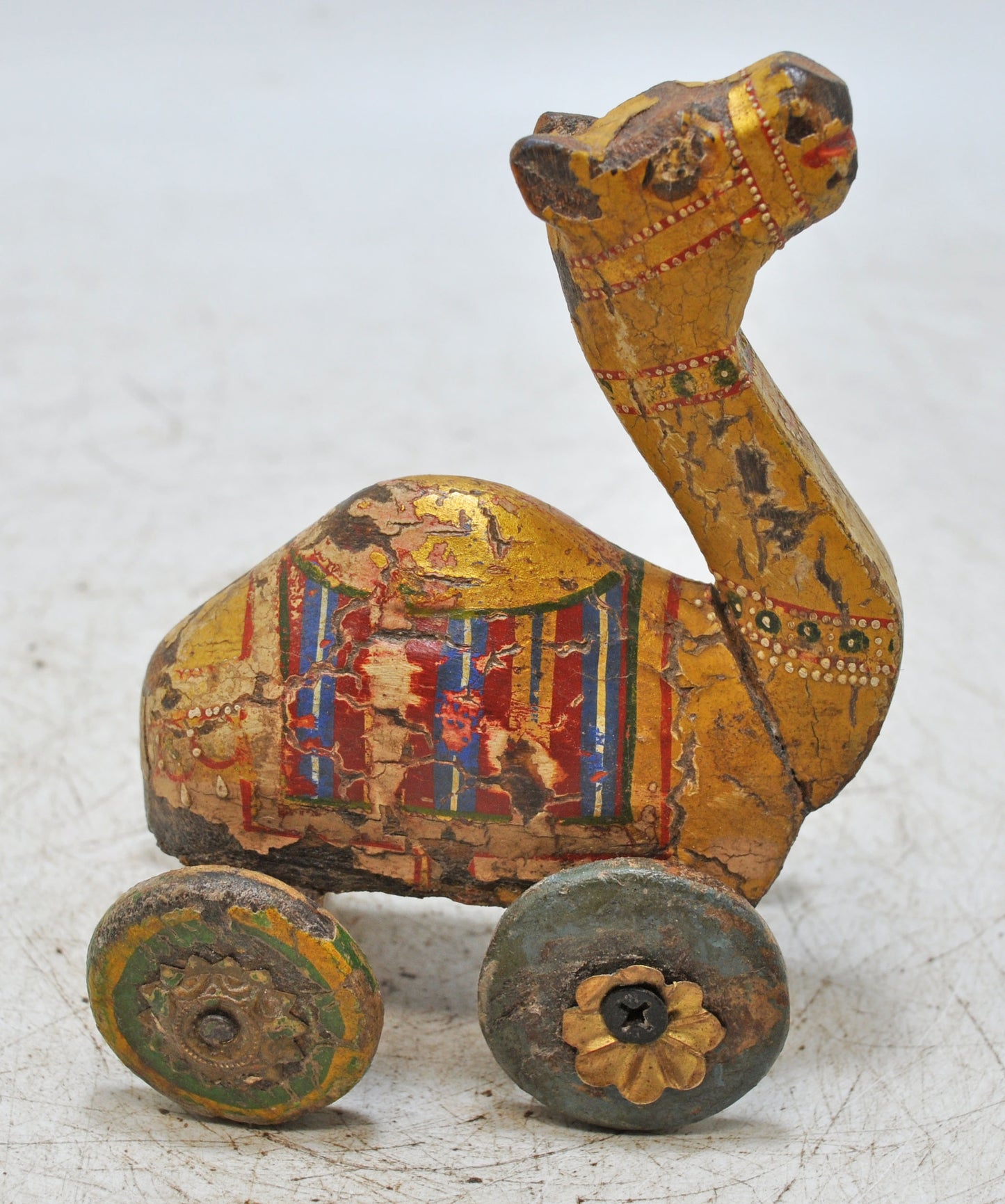 Vintage Wooden Small Camel on Wheels Figurine Original Old Hand Carved Painted