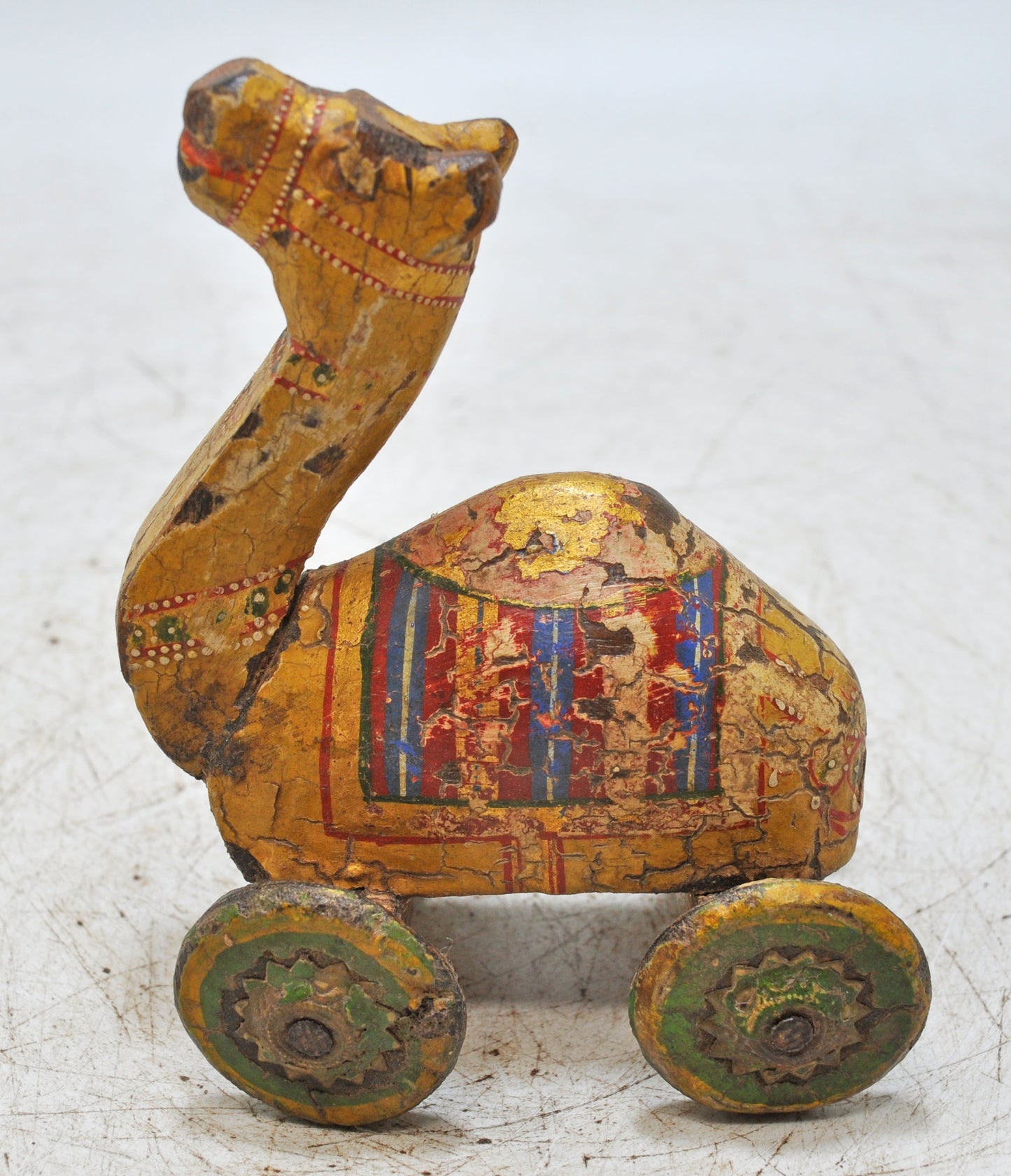 Vintage Wooden Small Camel on Wheels Figurine Original Old Hand Carved Painted