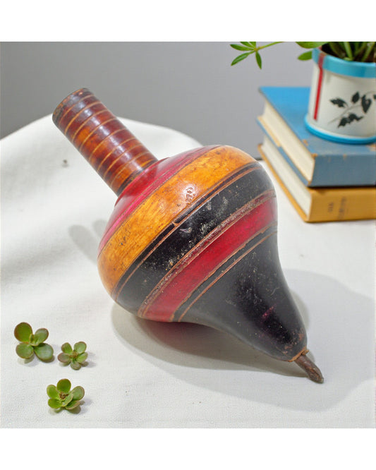 Vintage Wooden Spinning Top Toy Original Old Hand Carved Lacquer Painted