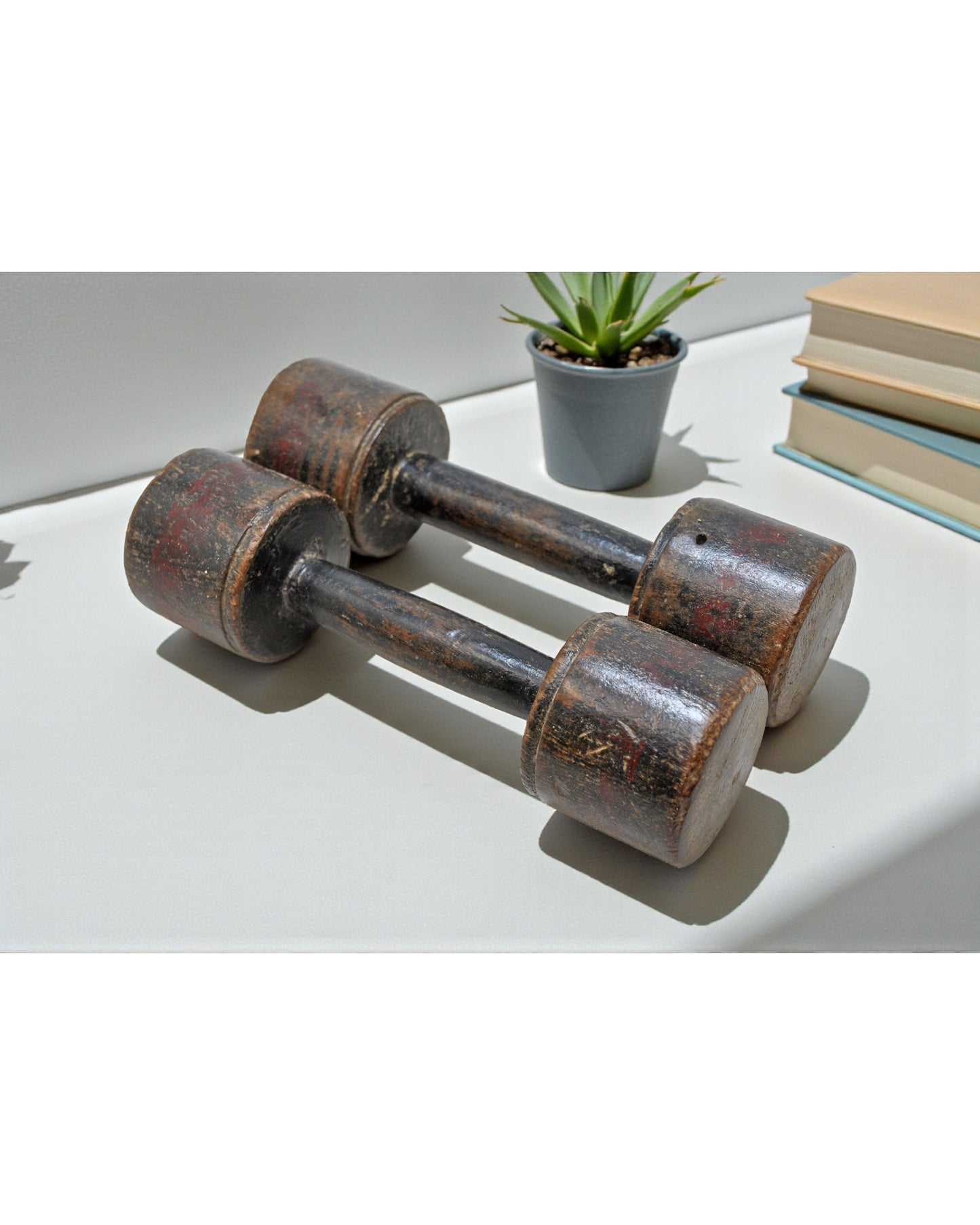 Vintage Wooden Kids Dumbbells Pair Original Old Hand Carved Painted