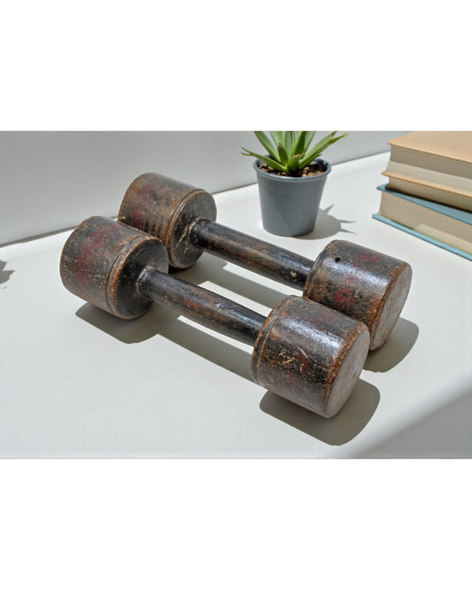 Vintage Wooden Kids Dumbbells Pair Original Old Hand Carved Painted