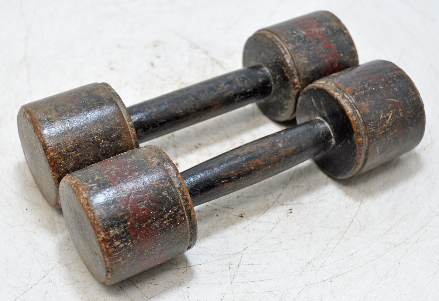 Vintage Wooden Kids Dumbbells Pair Original Old Hand Carved Painted