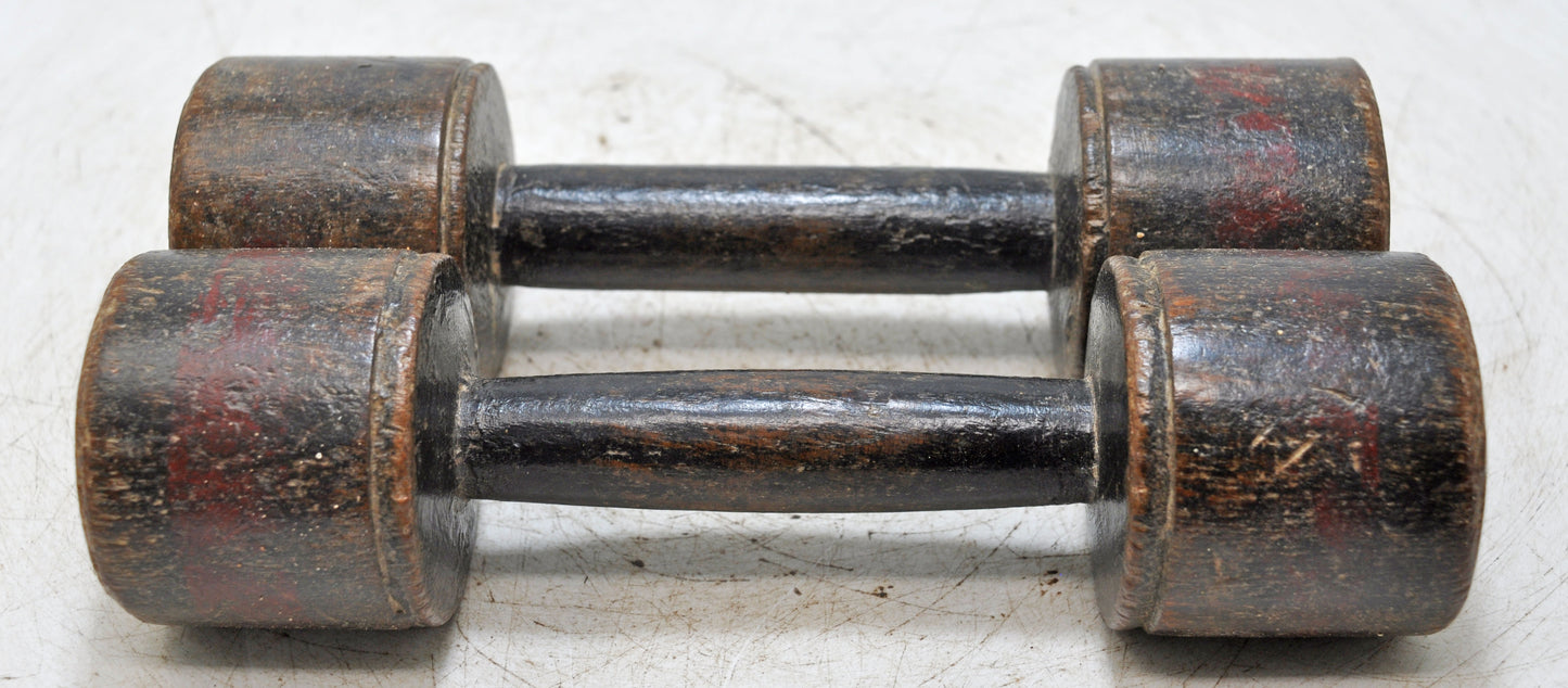 Vintage Wooden Kids Dumbbells Pair Original Old Hand Carved Painted