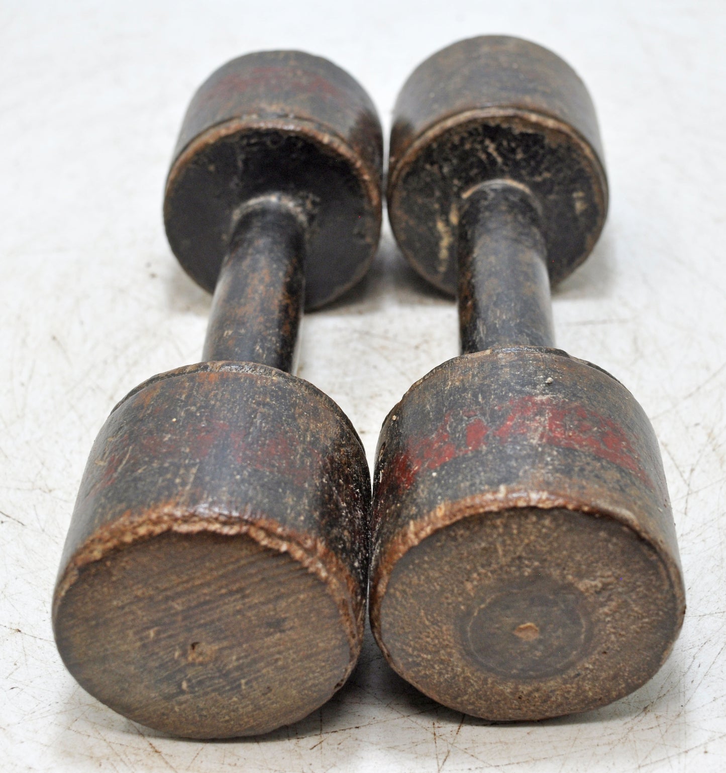 Vintage Wooden Kids Dumbbells Pair Original Old Hand Carved Painted