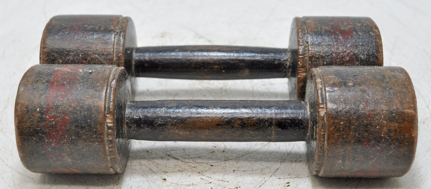 Vintage Wooden Kids Dumbbells Pair Original Old Hand Carved Painted