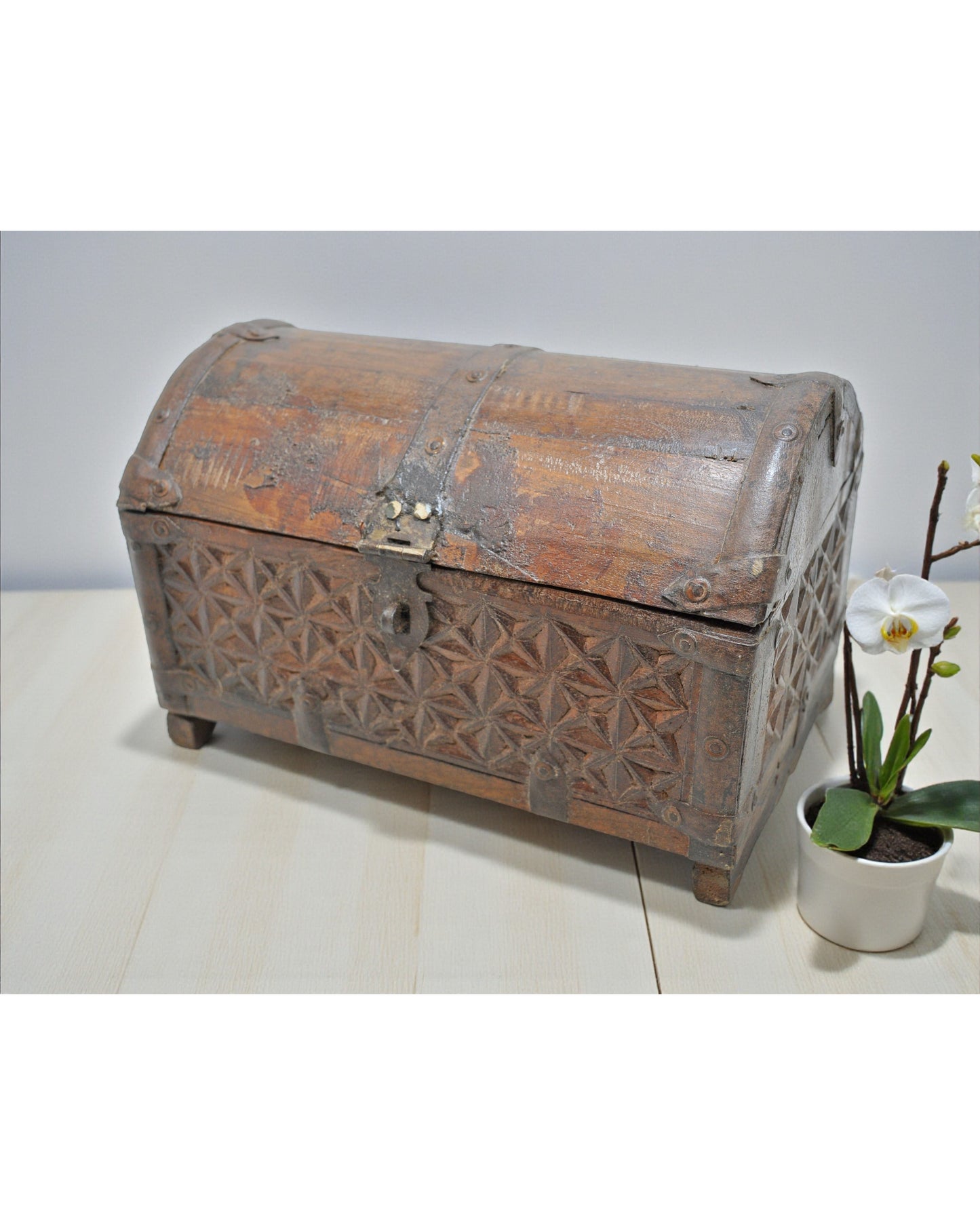 Vintage Wooden Half Round Top Storage Box Original Old Hand Carved