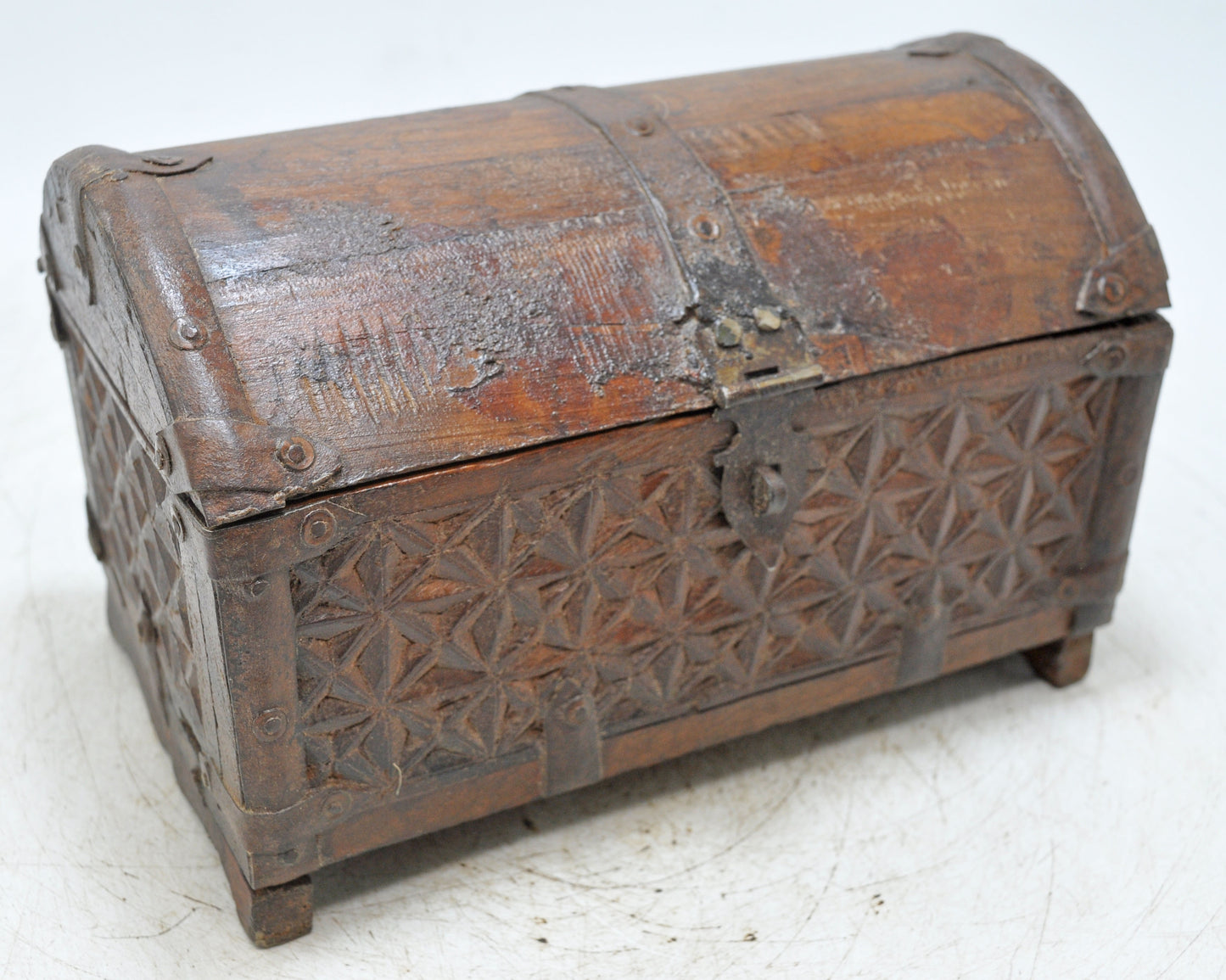 Vintage Wooden Half Round Top Storage Box Original Old Hand Carved